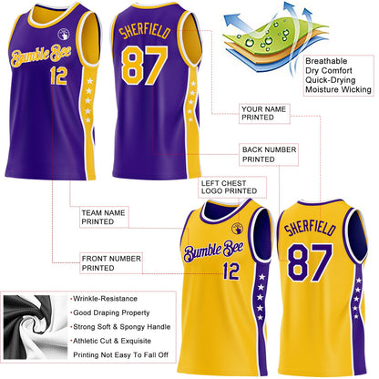 Custom Reversible Purple Gold-White Double Side Star Sublimation Basketball Set Jersey