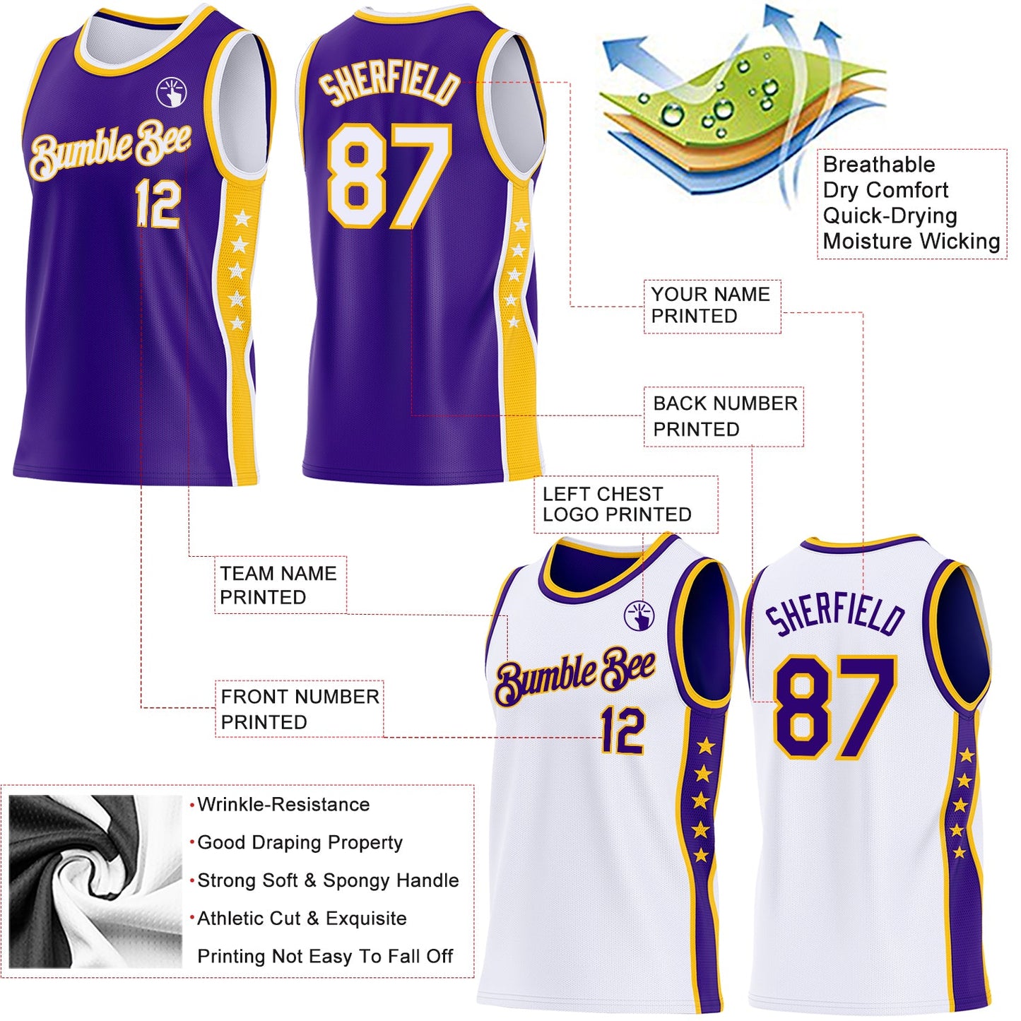 Custom Reversible Purple White-Gold Double Side Star Sublimation Basketball Set Jersey