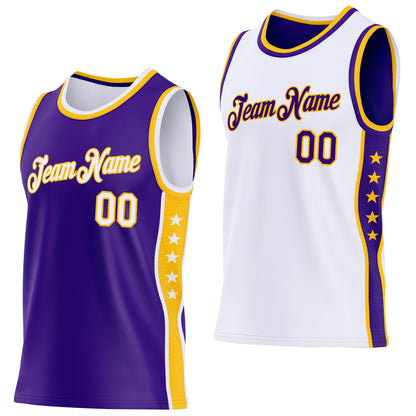 Custom Reversible Purple White-Gold Double Side Star Sublimation Basketball Set Jersey