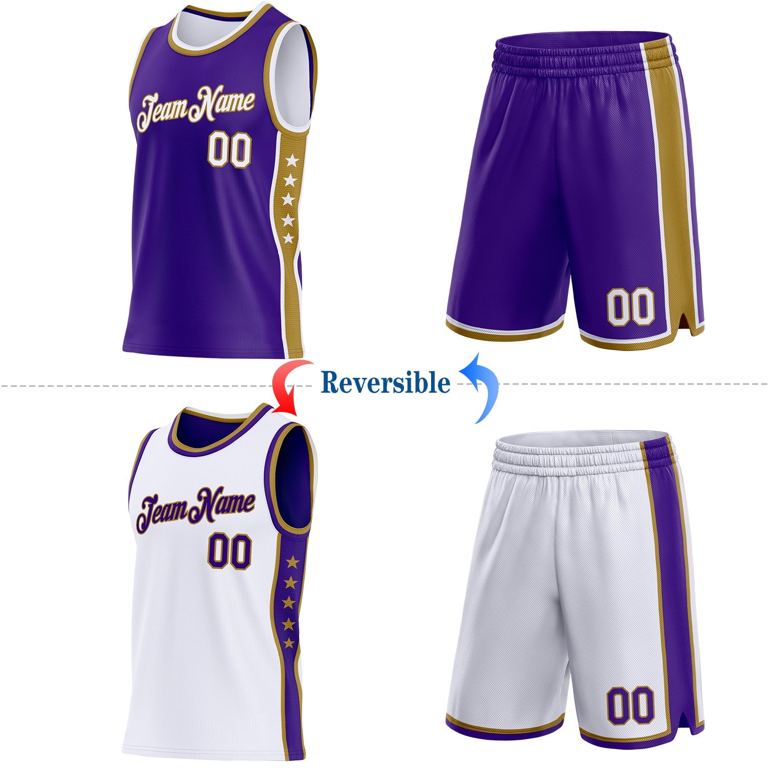 Custom Reversible Purple White-Old Gold Double Side Star Sublimation Basketball Set Jersey