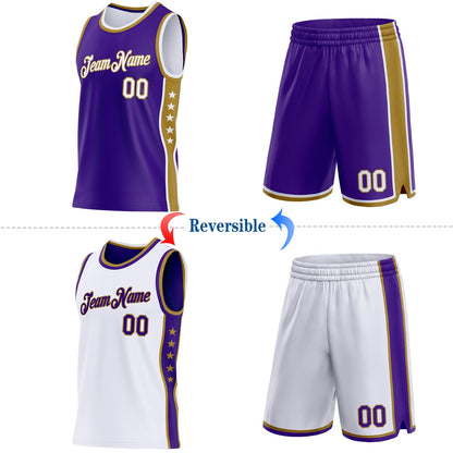 Custom Reversible Purple White-Old Gold Double Side Star Sublimation Basketball Set Jersey