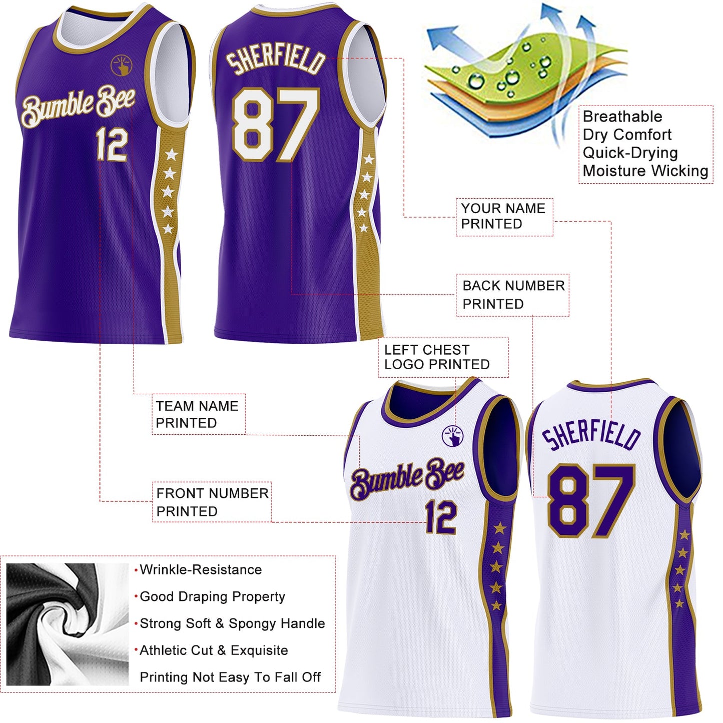 Custom Reversible Purple White-Old Gold Double Side Star Sublimation Basketball Set Jersey