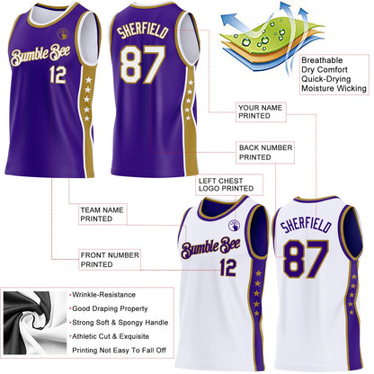 Custom Reversible Purple White-Old Gold Double Side Star Sublimation Basketball Set Jersey
