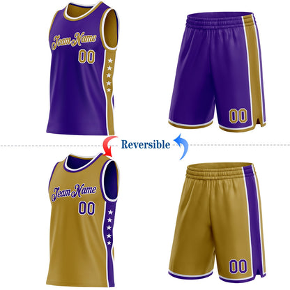 Custom Reversible Purple Old Gold-White Double Side Star Sublimation Basketball Set Jersey