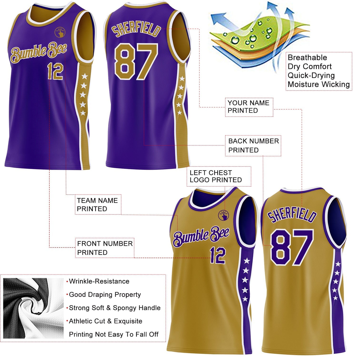 Custom Reversible Purple Old Gold-White Double Side Star Sublimation Basketball Set Jersey