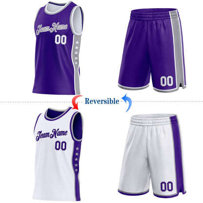 Custom Reversible Purple White-Gray Double Side Star Sublimation Basketball Set Jersey