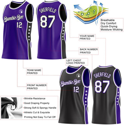 Custom Reversible Purple White-Black Double Side Star Sublimation Basketball Set Jersey