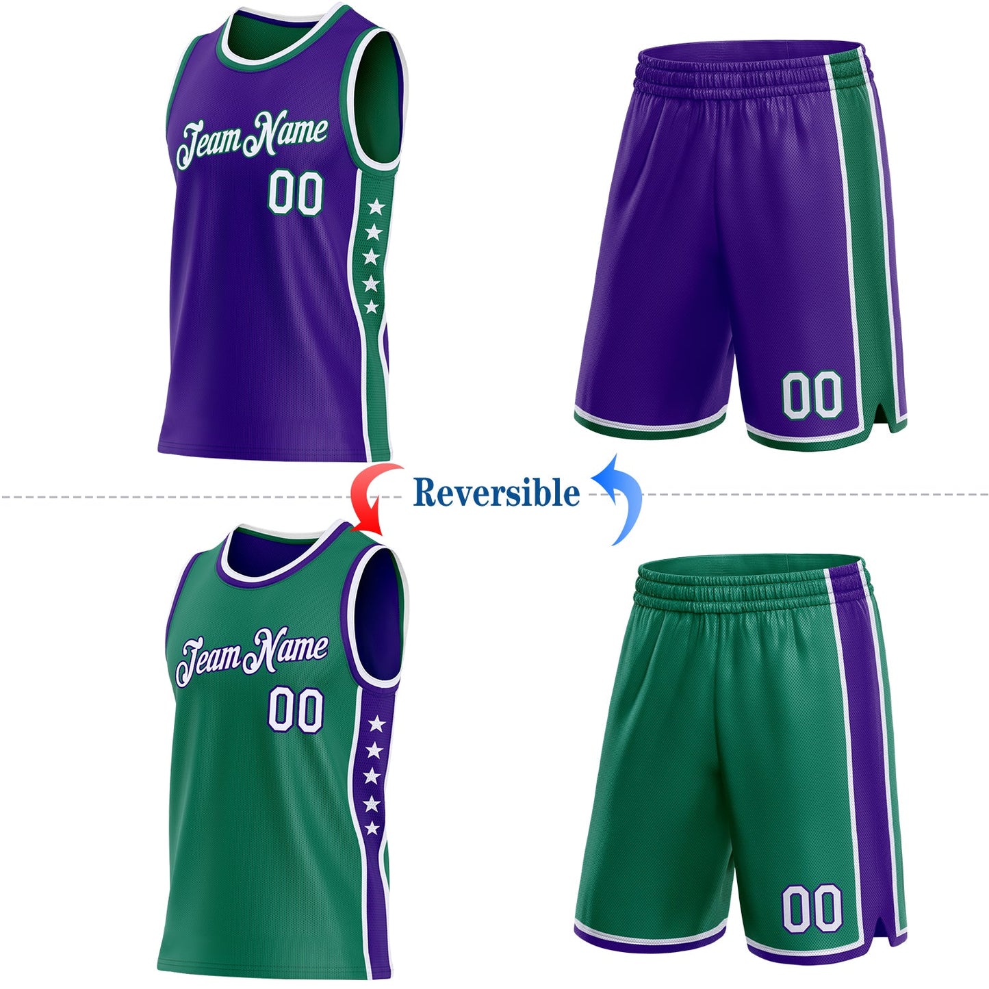 Custom Reversible Purple White-Kelly Green Double Side Star Sublimation Basketball Set Jersey