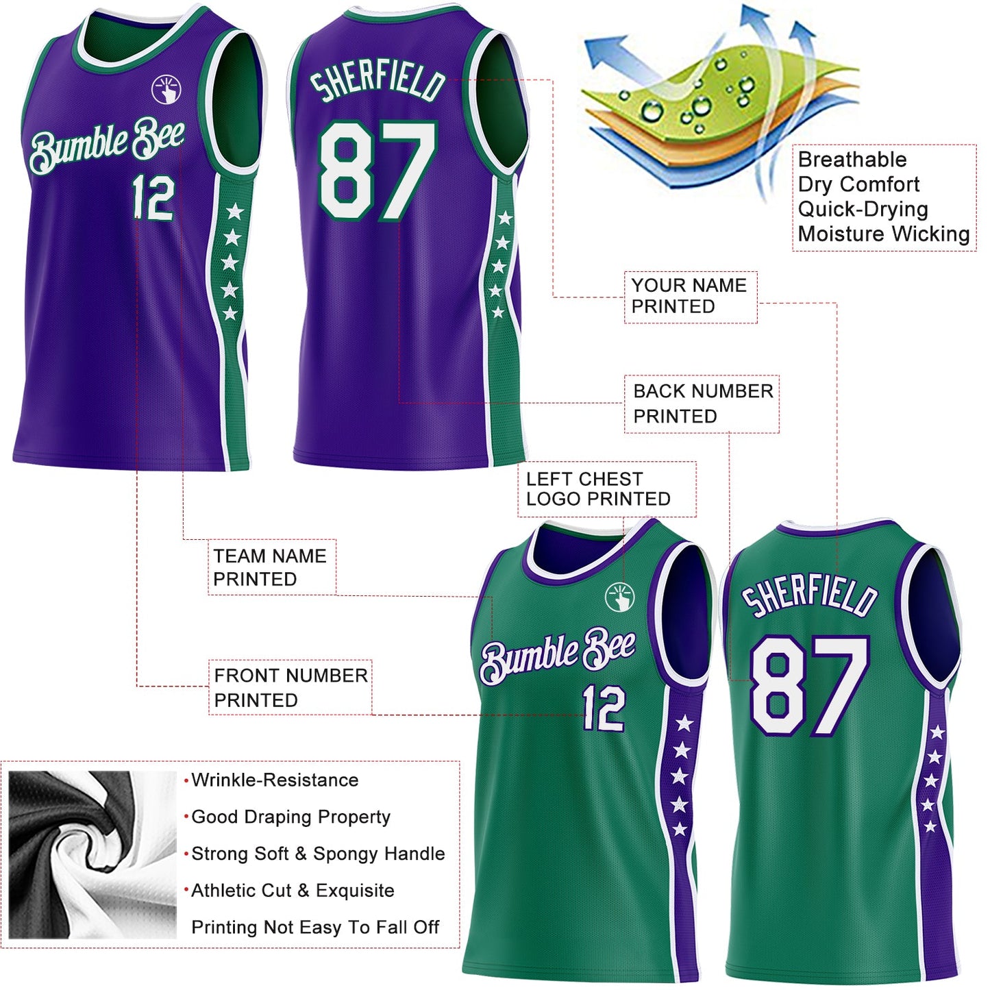 Custom Reversible Purple White-Kelly Green Double Side Star Sublimation Basketball Set Jersey