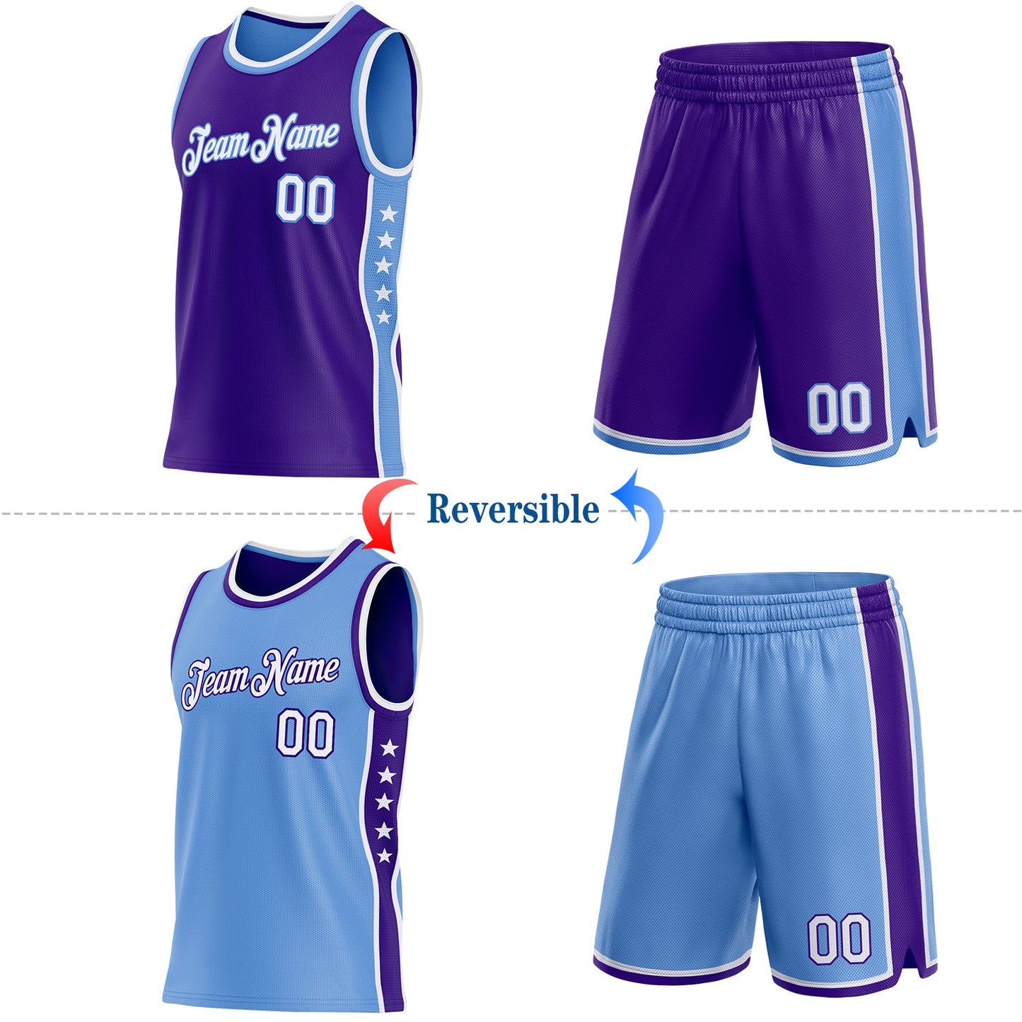 Custom Reversible Purple White-Lakes Blue Double Side Star Sublimation Basketball Set Jersey