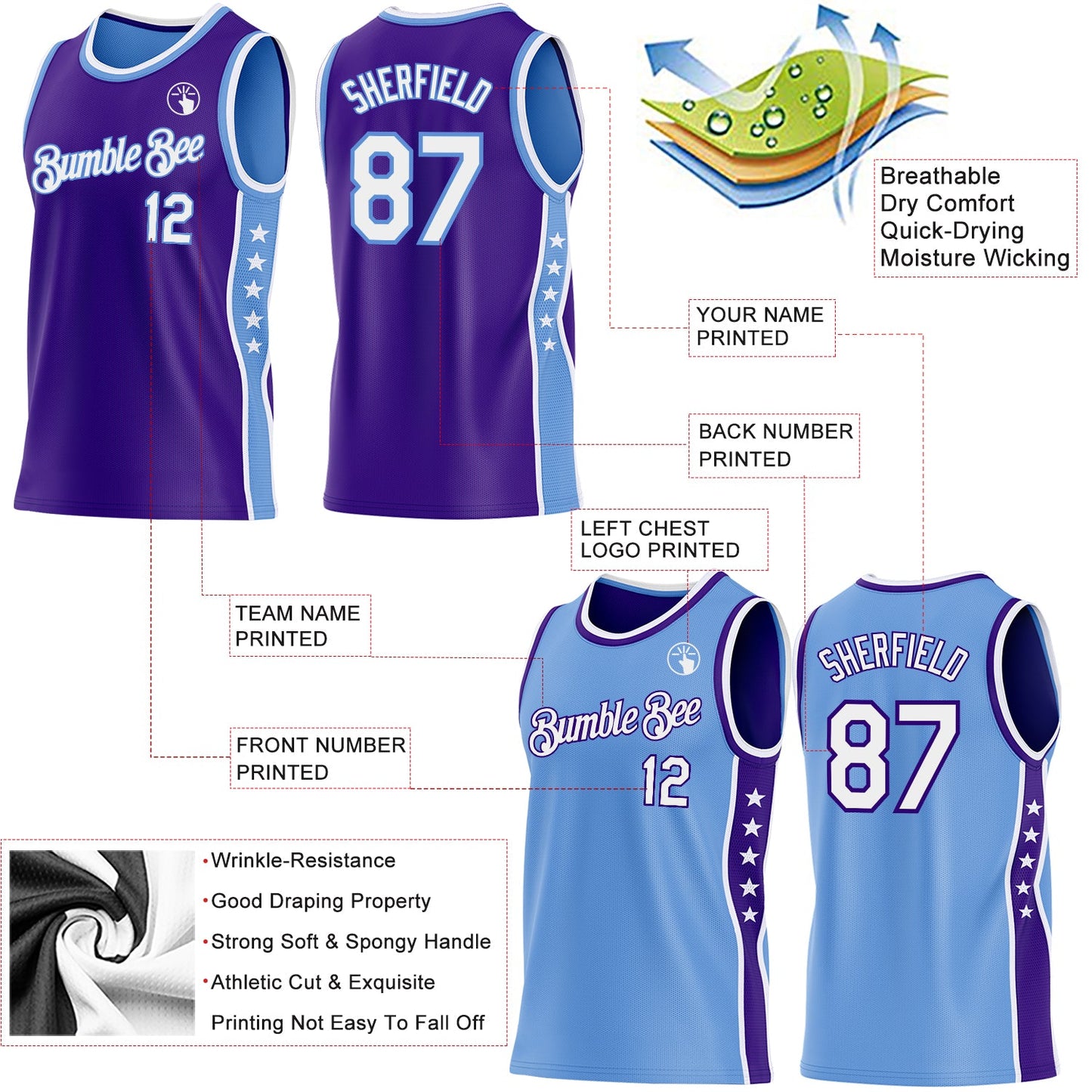 Custom Reversible Purple White-Lakes Blue Double Side Star Sublimation Basketball Set Jersey