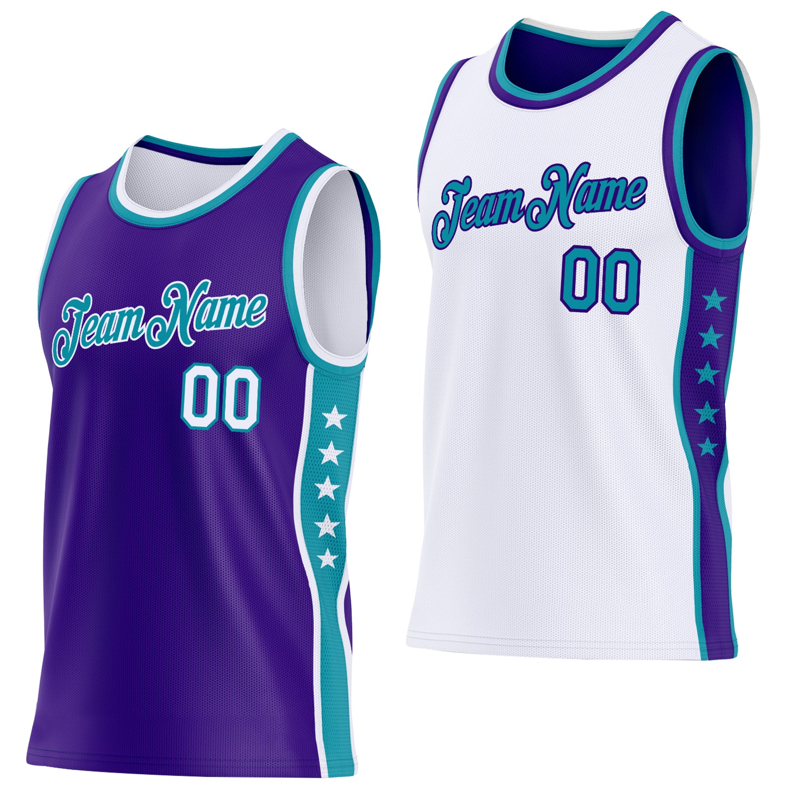 Custom Reversible Purple White-Teal Double Side Star Sublimation Basketball Set Jersey