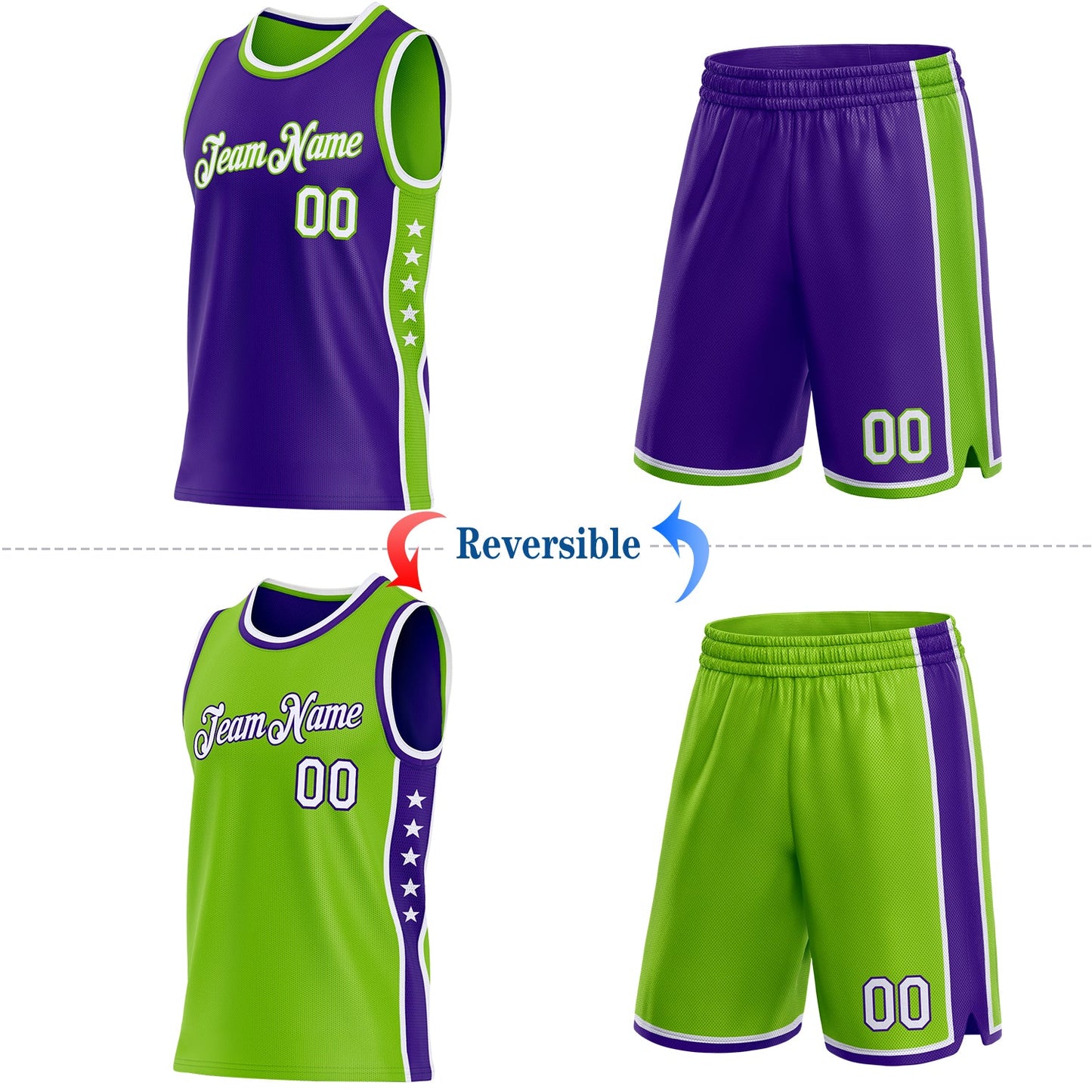 Custom Reversible Purple White-Neon Green Double Side Star Sublimation Basketball Set Jersey