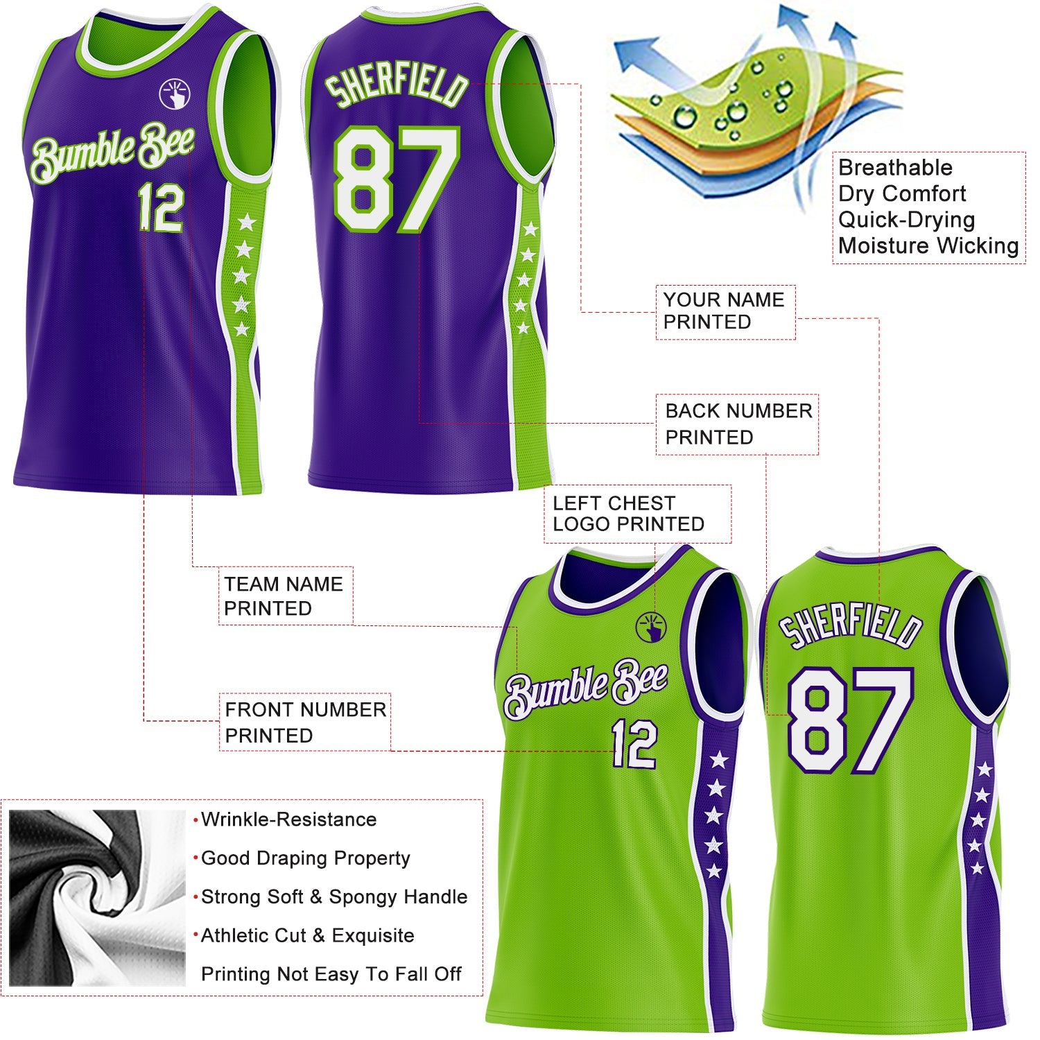 Custom Reversible Purple White-Neon Green Double Side Star Sublimation Basketball Set Jersey