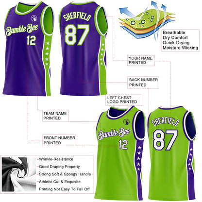Custom Reversible Purple White-Neon Green Double Side Star Sublimation Basketball Set Jersey