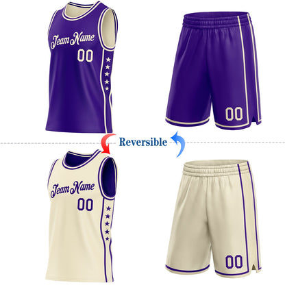 Custom Reversible Purple Cream Double Side Star Sublimation Basketball Set Jersey