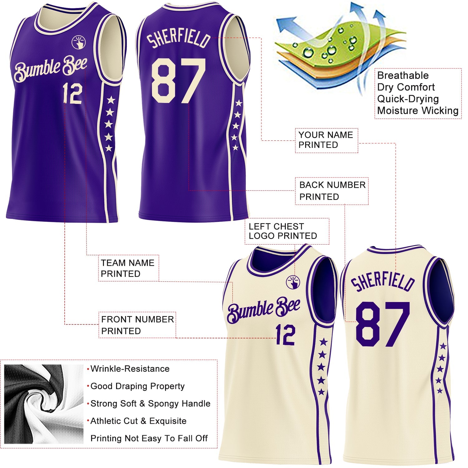 Custom Reversible Purple Cream Double Side Star Sublimation Basketball Set Jersey