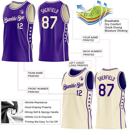Custom Reversible Purple Cream Double Side Star Sublimation Basketball Set Jersey