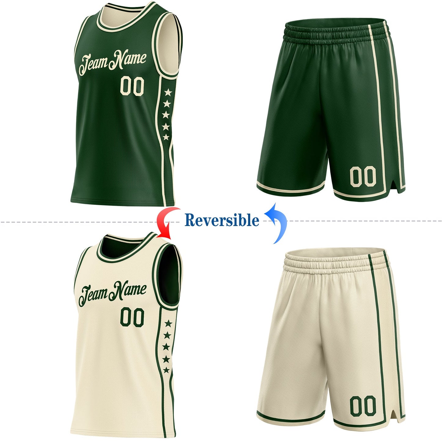 Custom Reversible Green Cream Double Side Star Sublimation Basketball Set Jersey