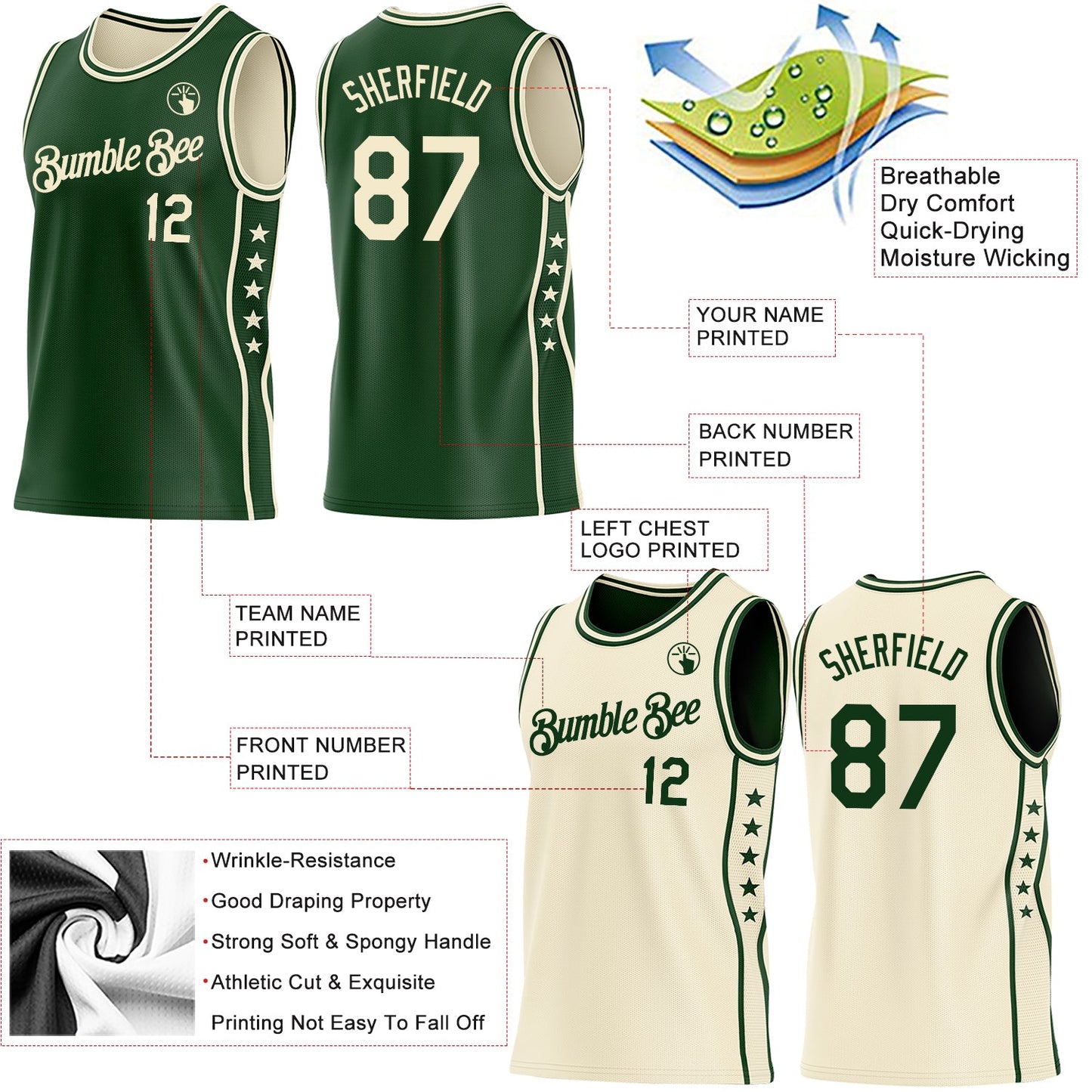 Custom Reversible Green Cream Double Side Star Sublimation Basketball Set Jersey