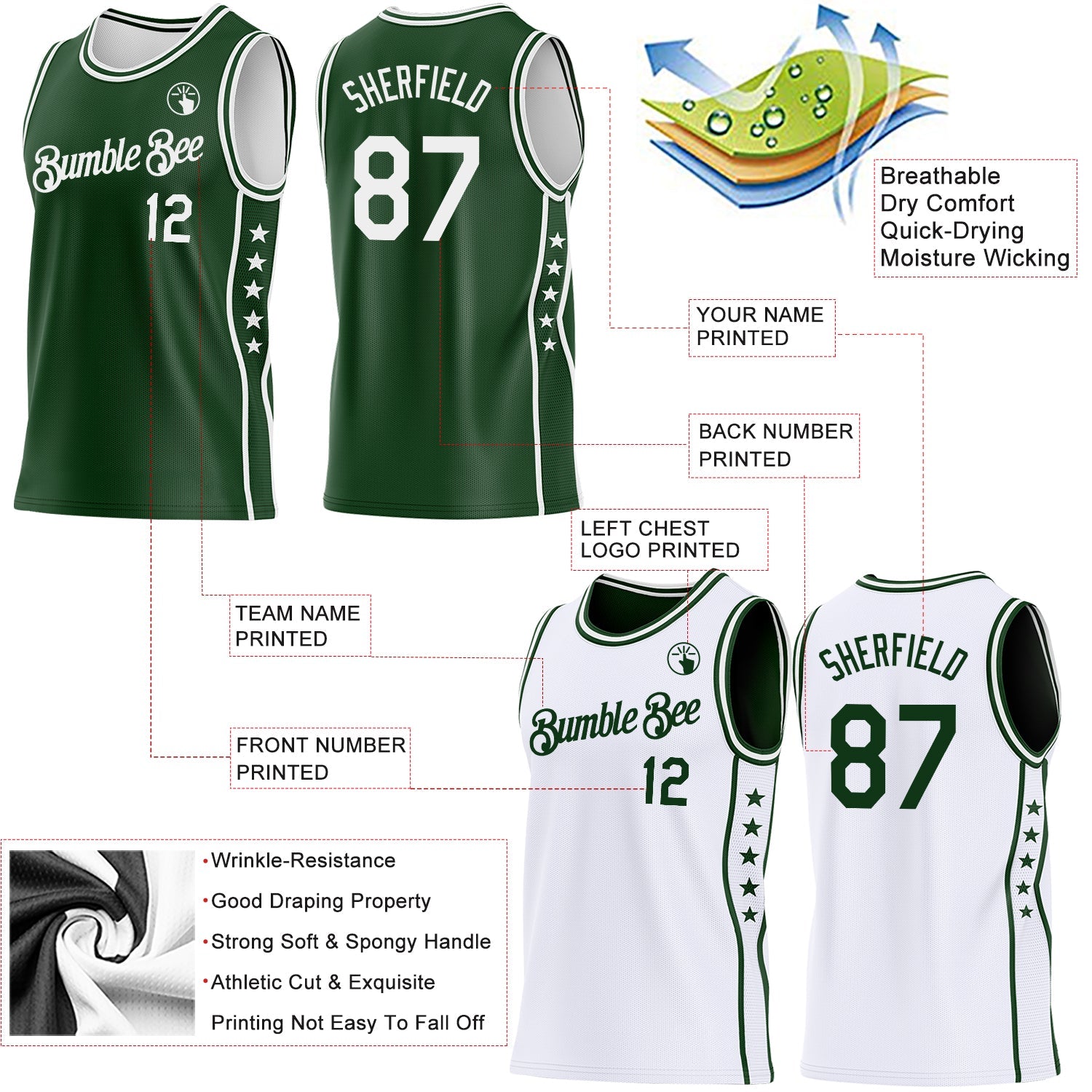 Custom Reversible Green White Double Side Star Sublimation Basketball Set Jersey