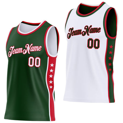 Custom Reversible Green White-Red Double Side Star Sublimation Basketball Set Jersey