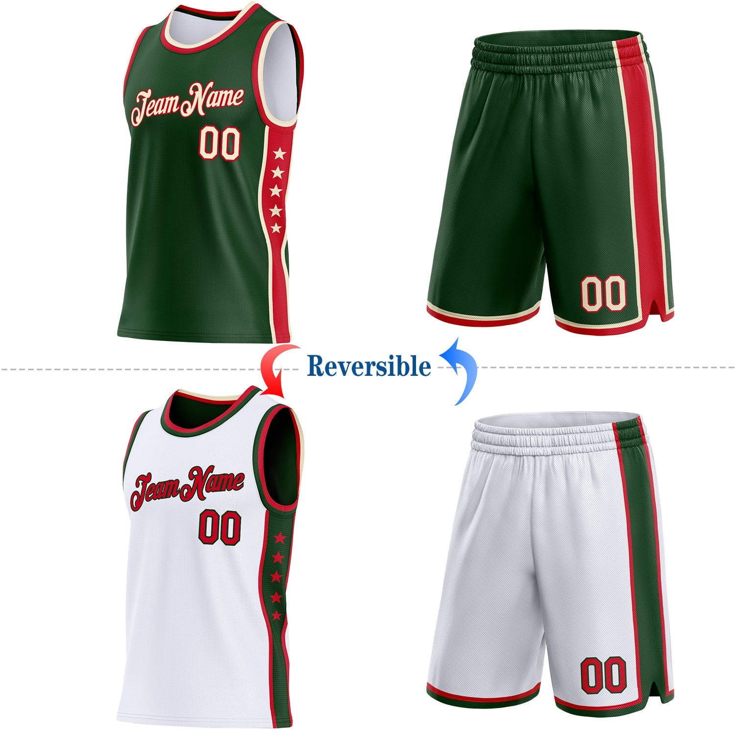 Custom Reversible Green Cream-Red Double Side Star Sublimation Basketball Set Jersey
