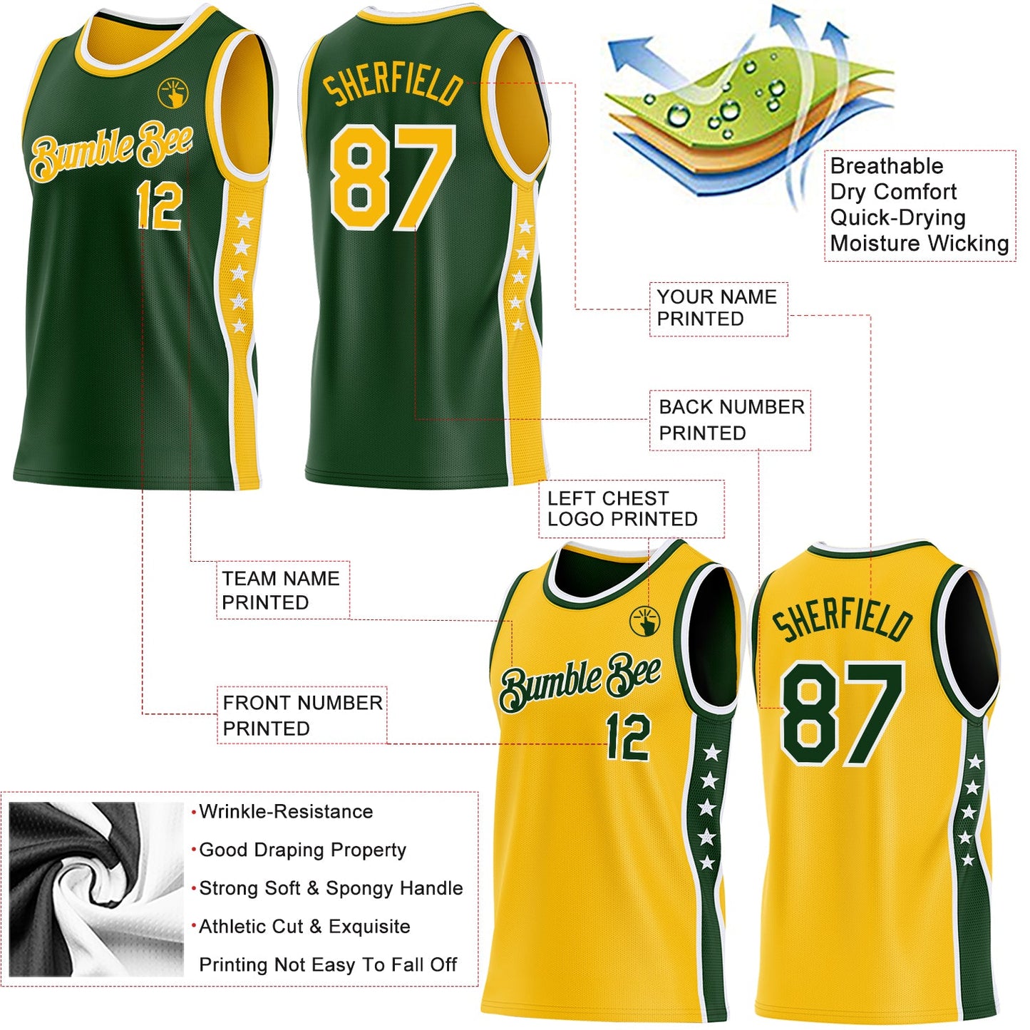 Custom Reversible Green Gold-White Double Side Star Sublimation Basketball Set Jersey