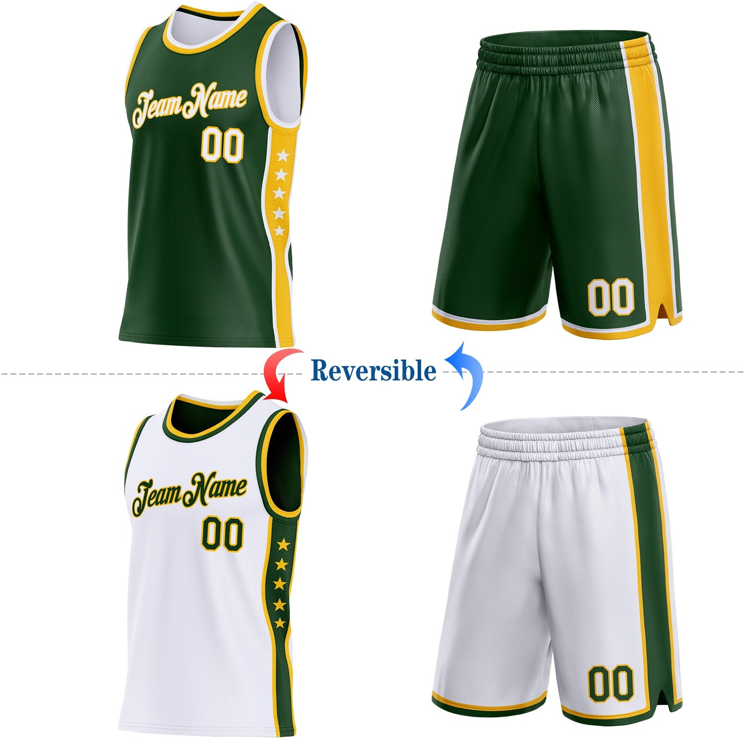 Custom Reversible Green White-Gold Double Side Star Sublimation Basketball Set Jersey