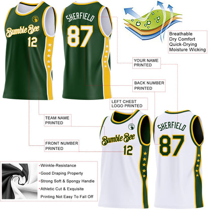 Custom Reversible Green White-Gold Double Side Star Sublimation Basketball Set Jersey
