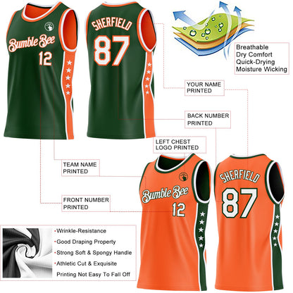 Custom Reversible Green White-Orange Double Side Star Sublimation Basketball Set Jersey