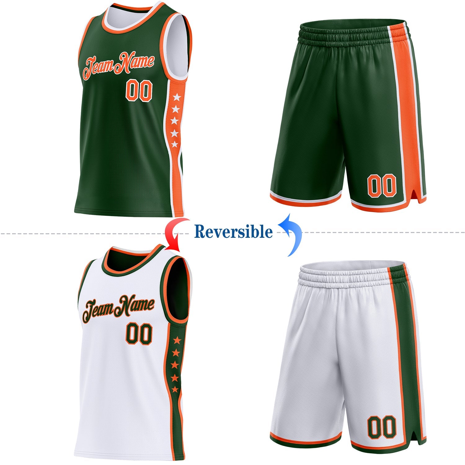 Custom Reversible Green Orange-White Double Side Star Sublimation Basketball Set Jersey