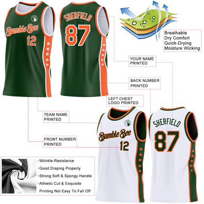 Custom Reversible Green Orange-White Double Side Star Sublimation Basketball Set Jersey