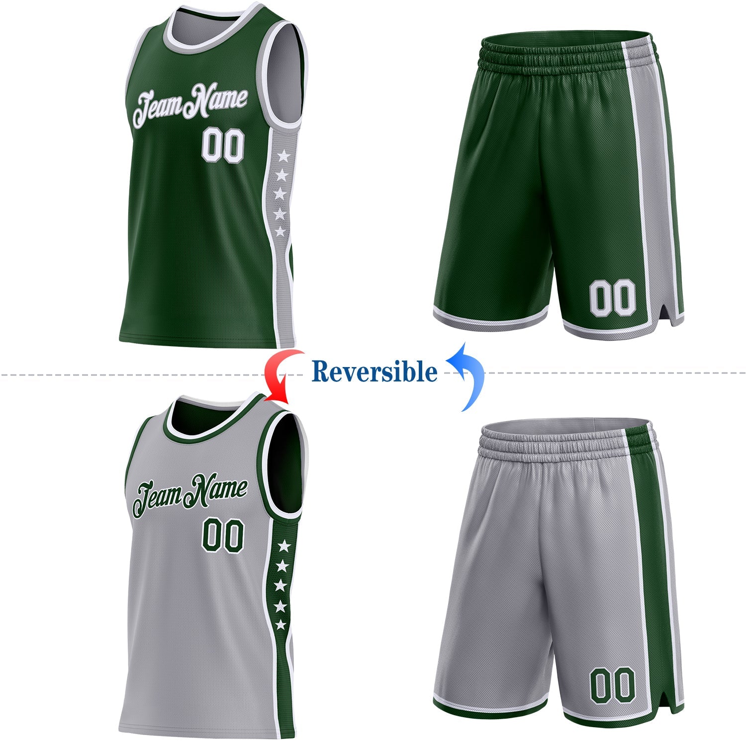 Custom Reversible Green White-Gray Double Side Star Sublimation Basketball Set Jersey