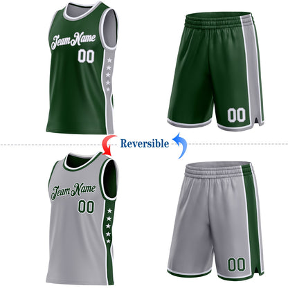 Custom Reversible Green White-Gray Double Side Star Sublimation Basketball Set Jersey