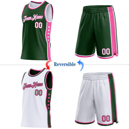 Custom Reversible Green White-Pink Double Side Star Sublimation Basketball Set Jersey
