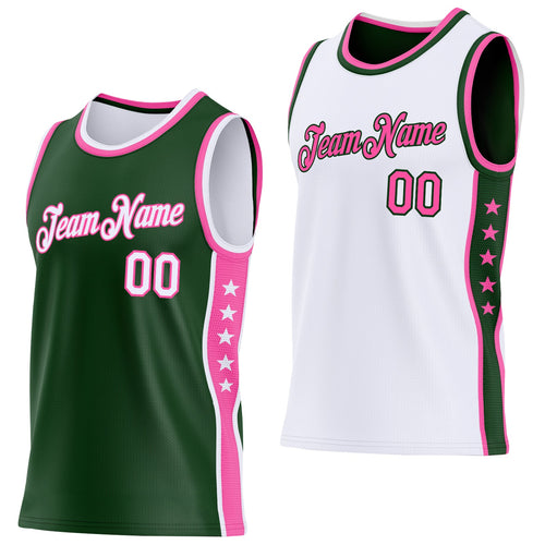 Custom Reversible Green White-Pink Double Side Star Sublimation Basketball Set Jersey