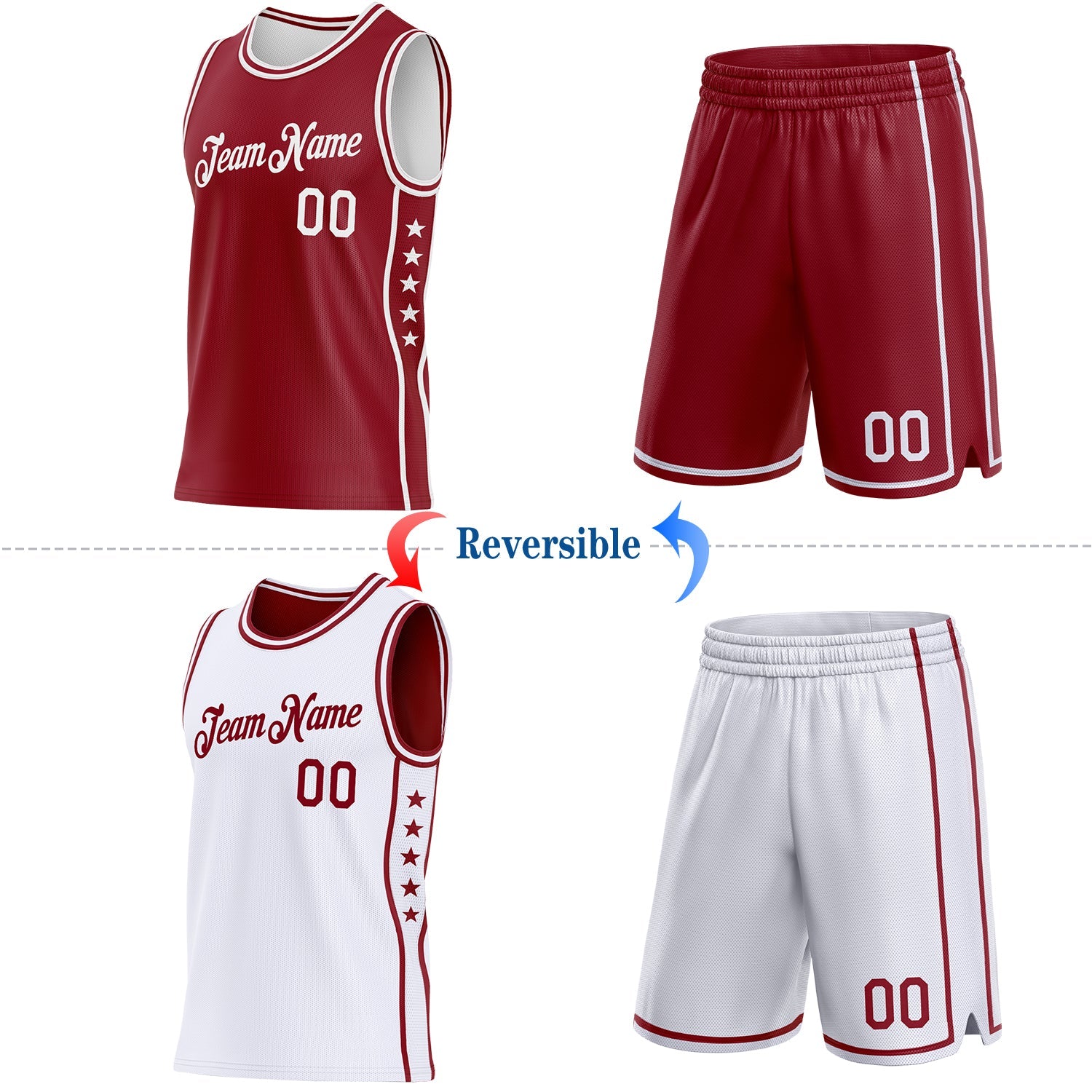 Custom Reversible Crimson White Double Side Star Sublimation Basketball Set Jersey