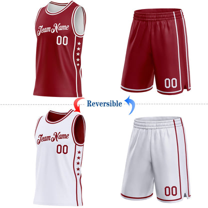 Custom Reversible Crimson White Double Side Star Sublimation Basketball Set Jersey