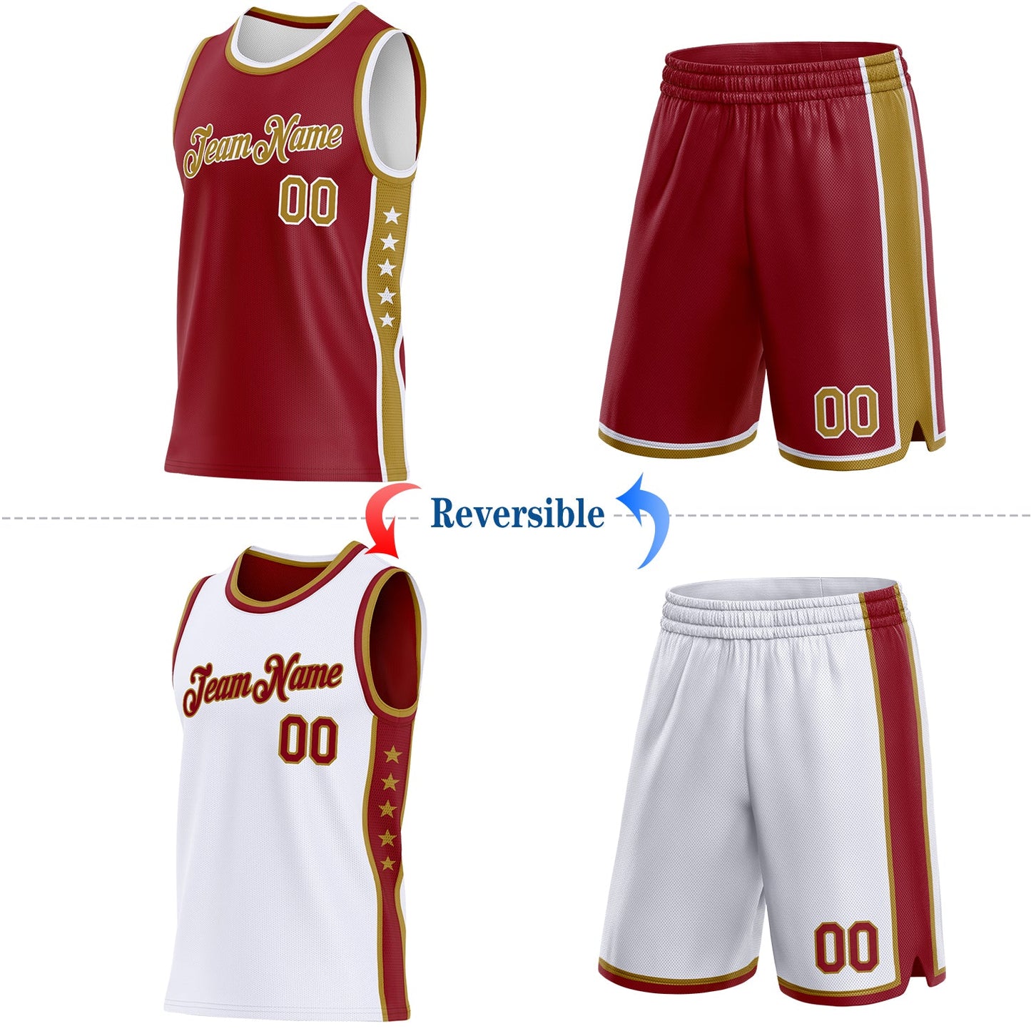Custom Reversible Crimson Old Gold-White Double Side Star Sublimation Basketball Set Jersey