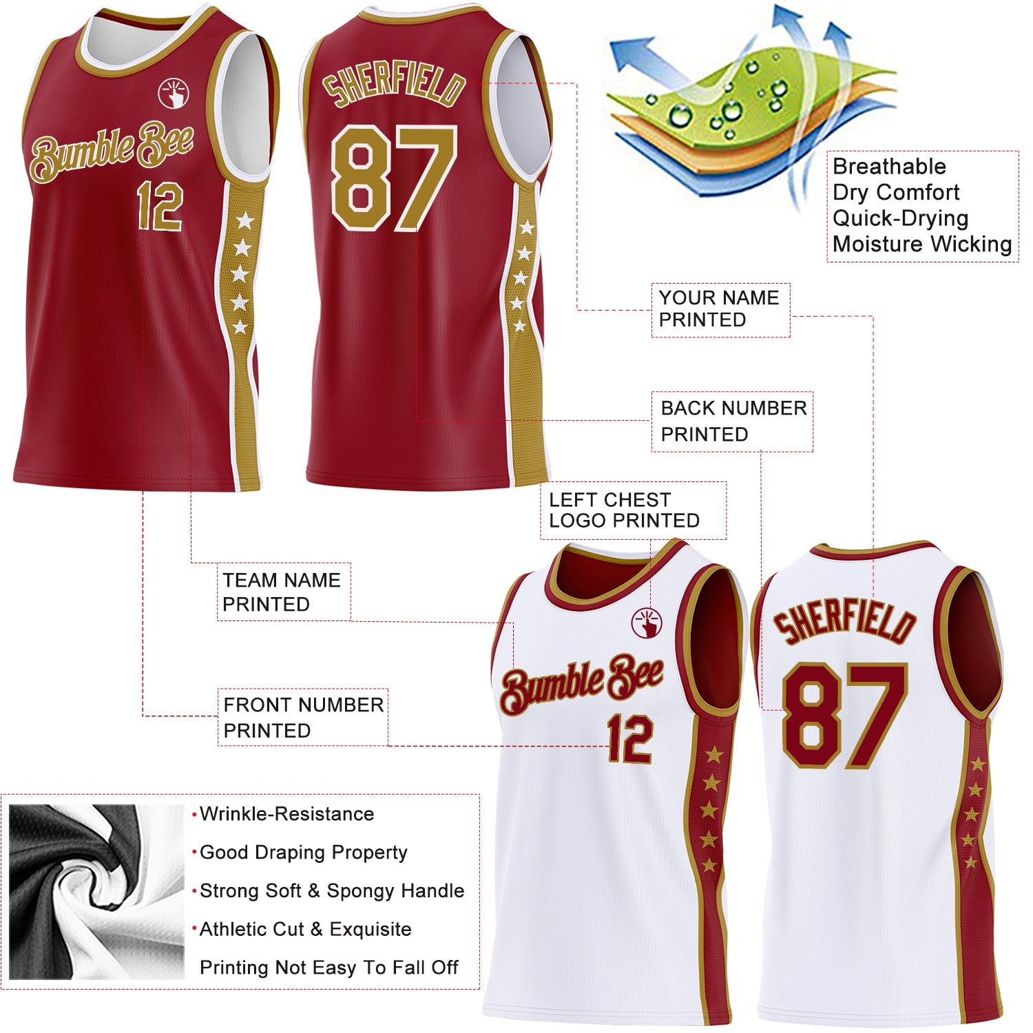 Custom Reversible Crimson Old Gold-White Double Side Star Sublimation Basketball Set Jersey