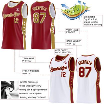 Custom Reversible Crimson Old Gold-White Double Side Star Sublimation Basketball Set Jersey