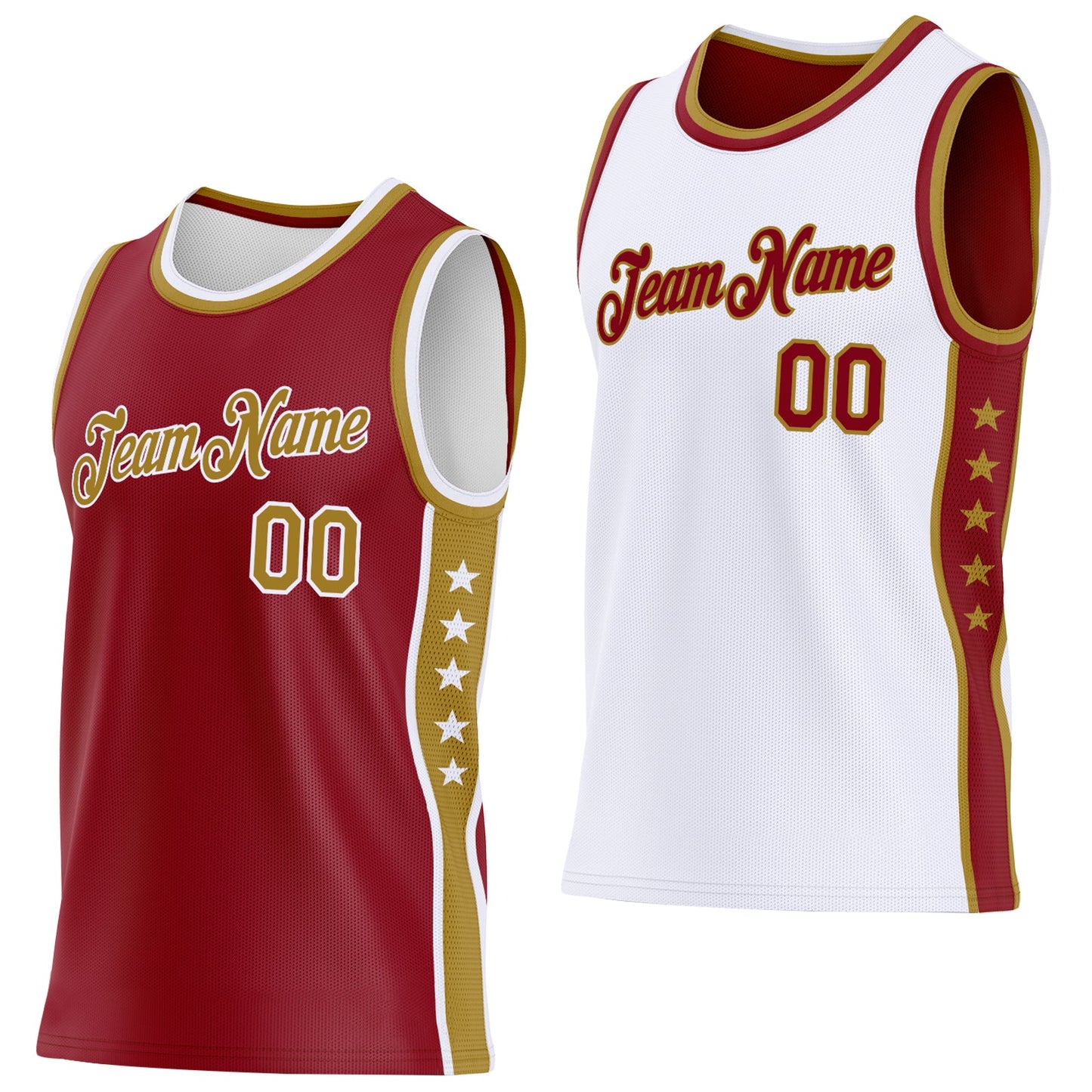 Custom Reversible Crimson Old Gold-White Double Side Star Sublimation Basketball Set Jersey
