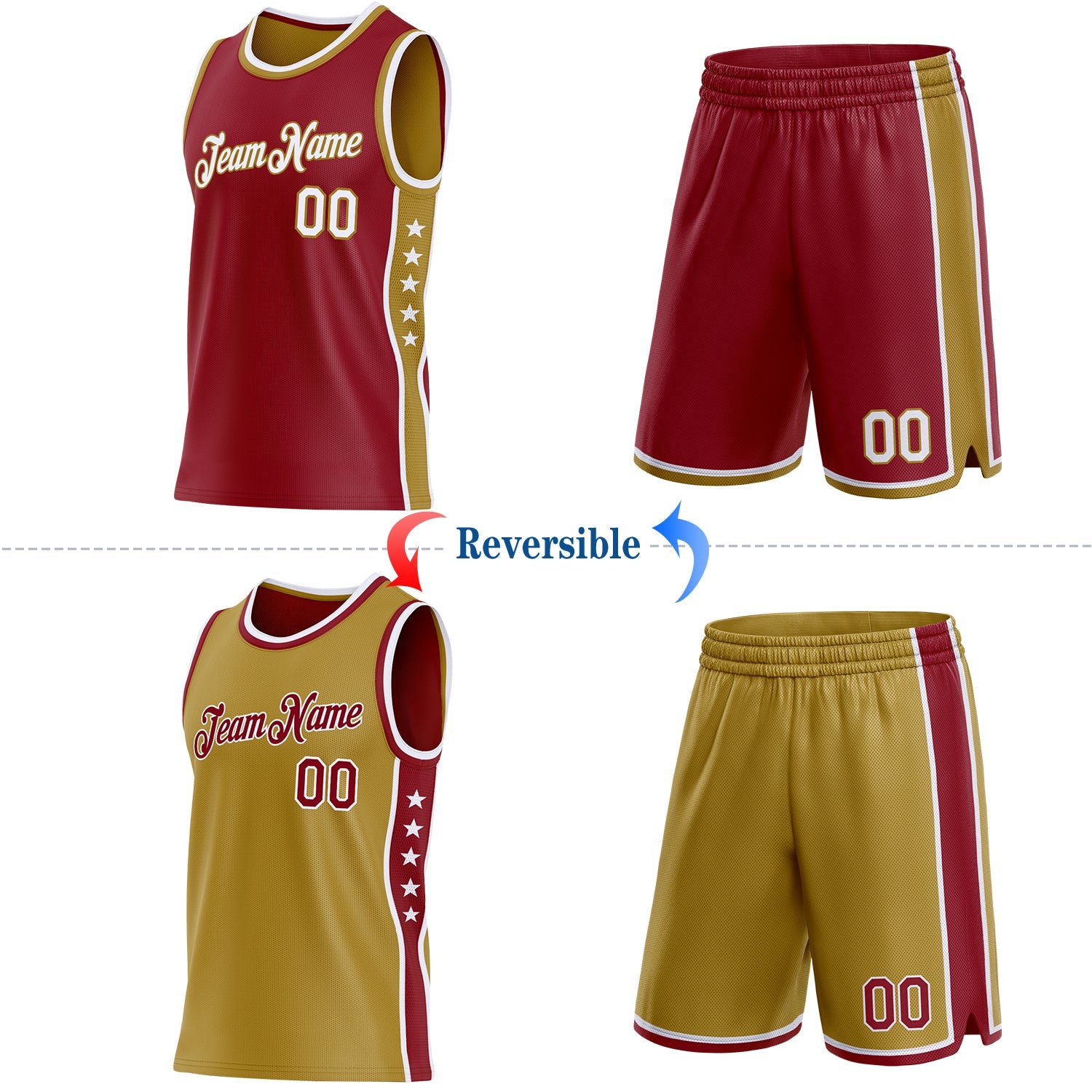 Custom Reversible Crimson White-Old Gold Double Side Star Sublimation Basketball Set Jersey