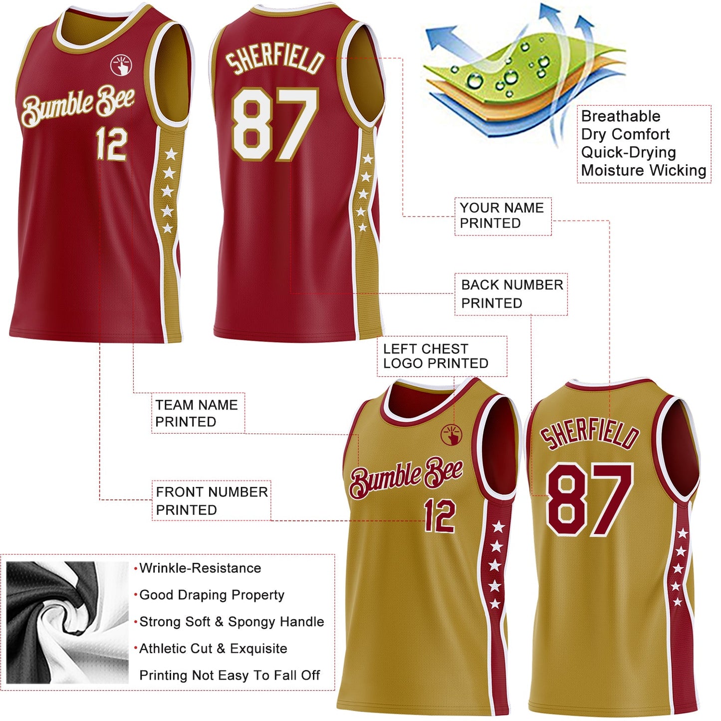 Custom Reversible Crimson White-Old Gold Double Side Star Sublimation Basketball Set Jersey