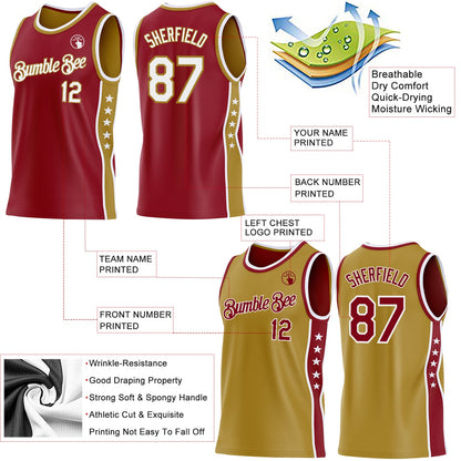 Custom Reversible Crimson White-Old Gold Double Side Star Sublimation Basketball Set Jersey