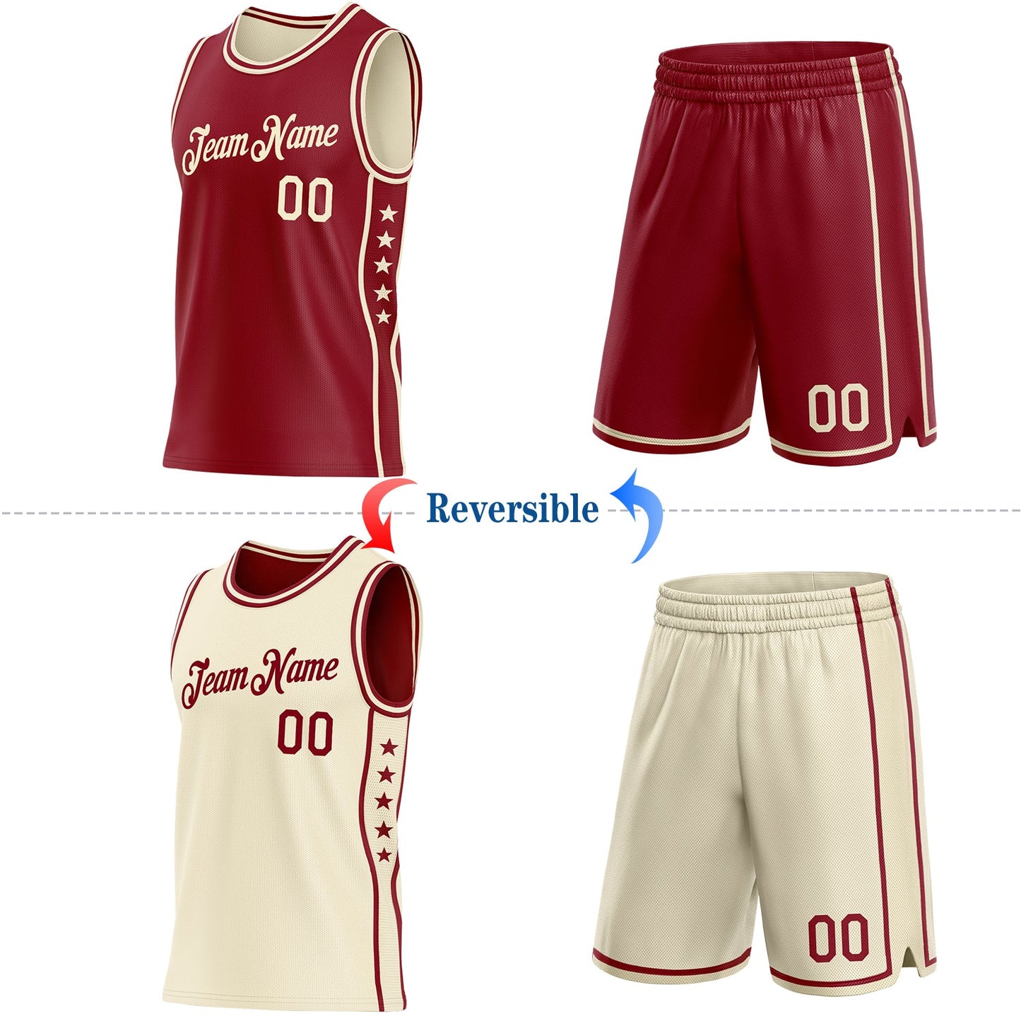 Custom Reversible Crimson Cream Double Side Star Sublimation Basketball Set Jersey