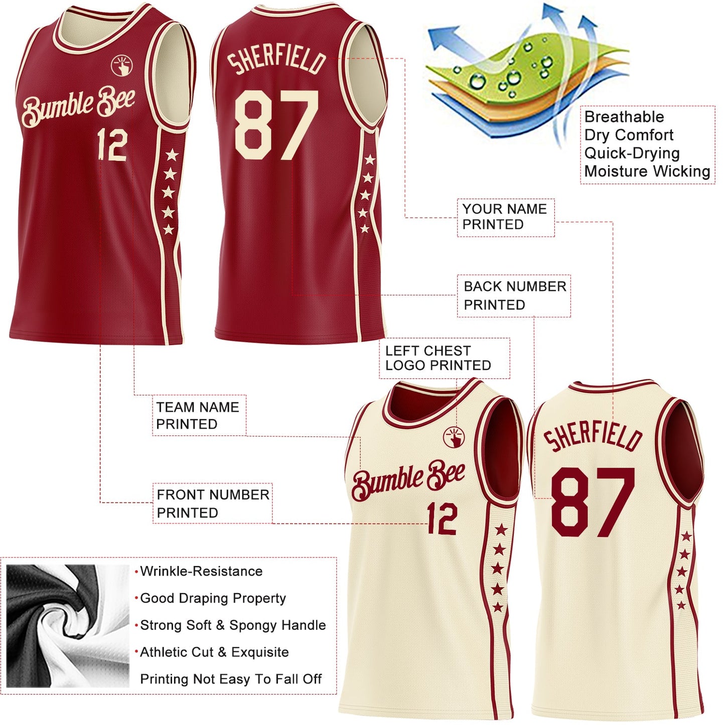 Custom Reversible Crimson Cream Double Side Star Sublimation Basketball Set Jersey