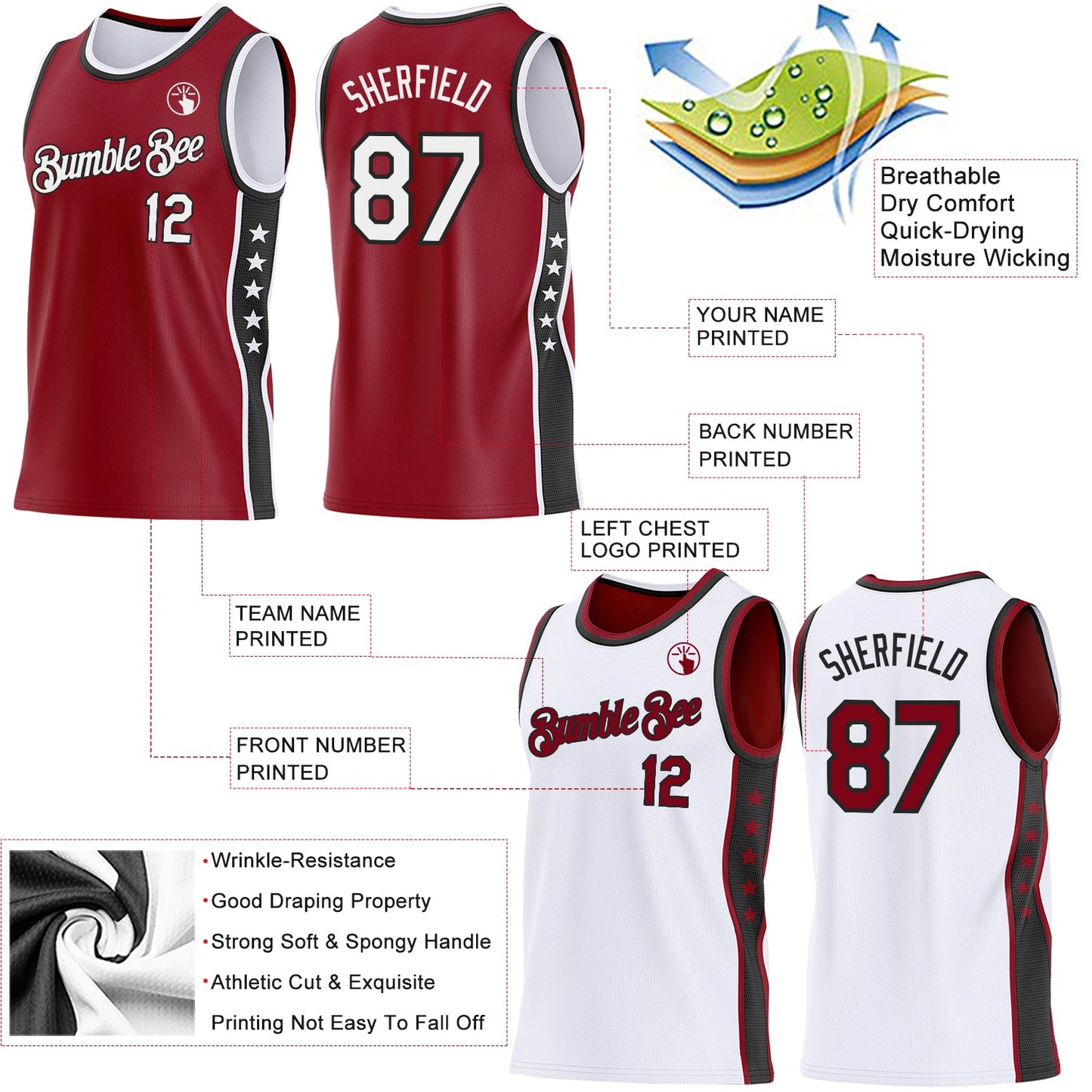 Custom Reversible Crimson White-Black Double Side Star Sublimation Basketball Set Jersey