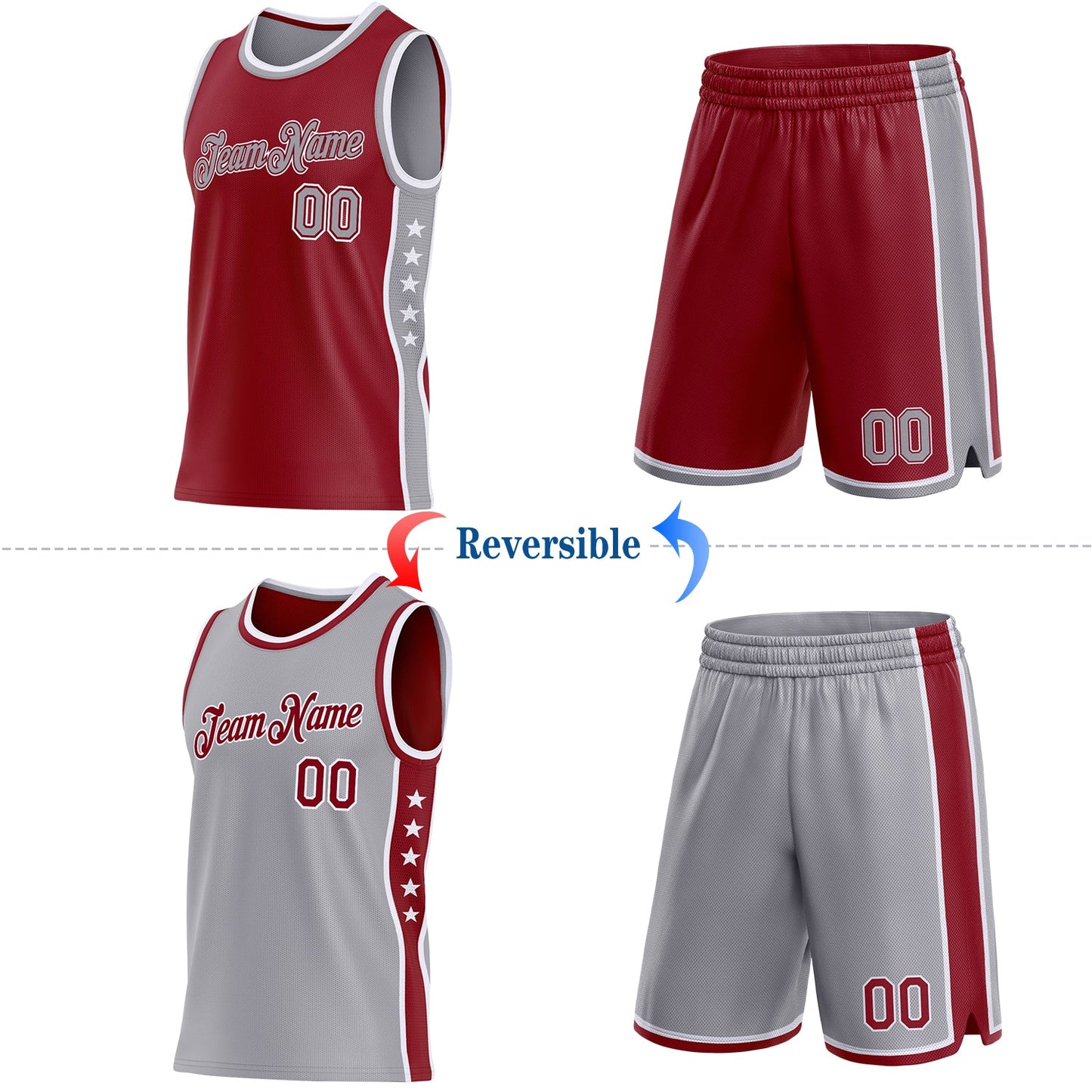 Custom Reversible Crimson Gray-White Double Side Star Sublimation Basketball Set Jersey